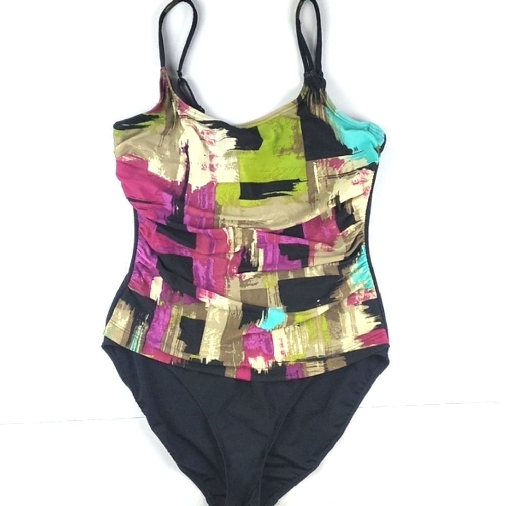 Fantasizer Abstract Print Slimming One Piece Bathing Suit D Cup Black Ma…